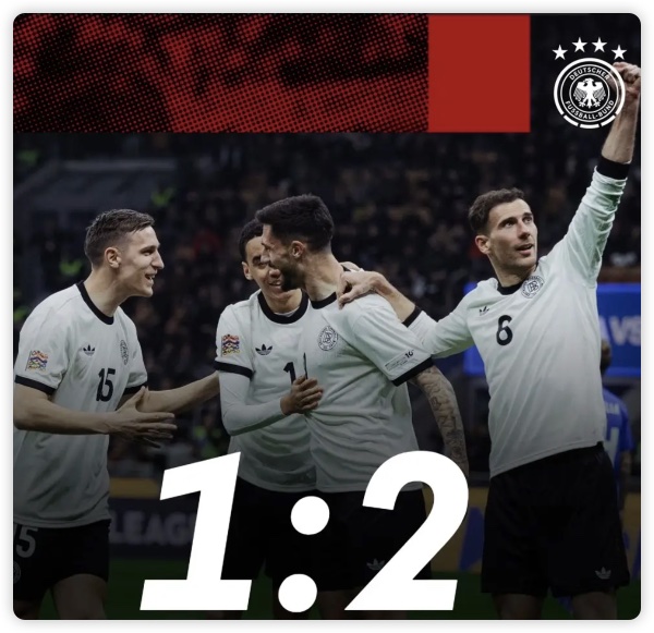 托纳利拔头筹格雷茨卡逆转破门 意大利1-2德国 